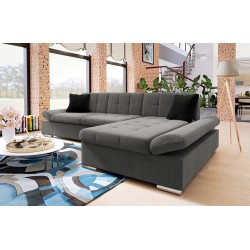 Canapé d'angle convertible + accoudoirs réglables et coffre MALWI - Tissu gris ou beige et simili blanc ou noir - L278 x P161 x 